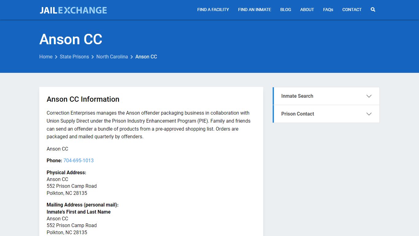 Anson CC Inmate Search, NC - Jail Exchange